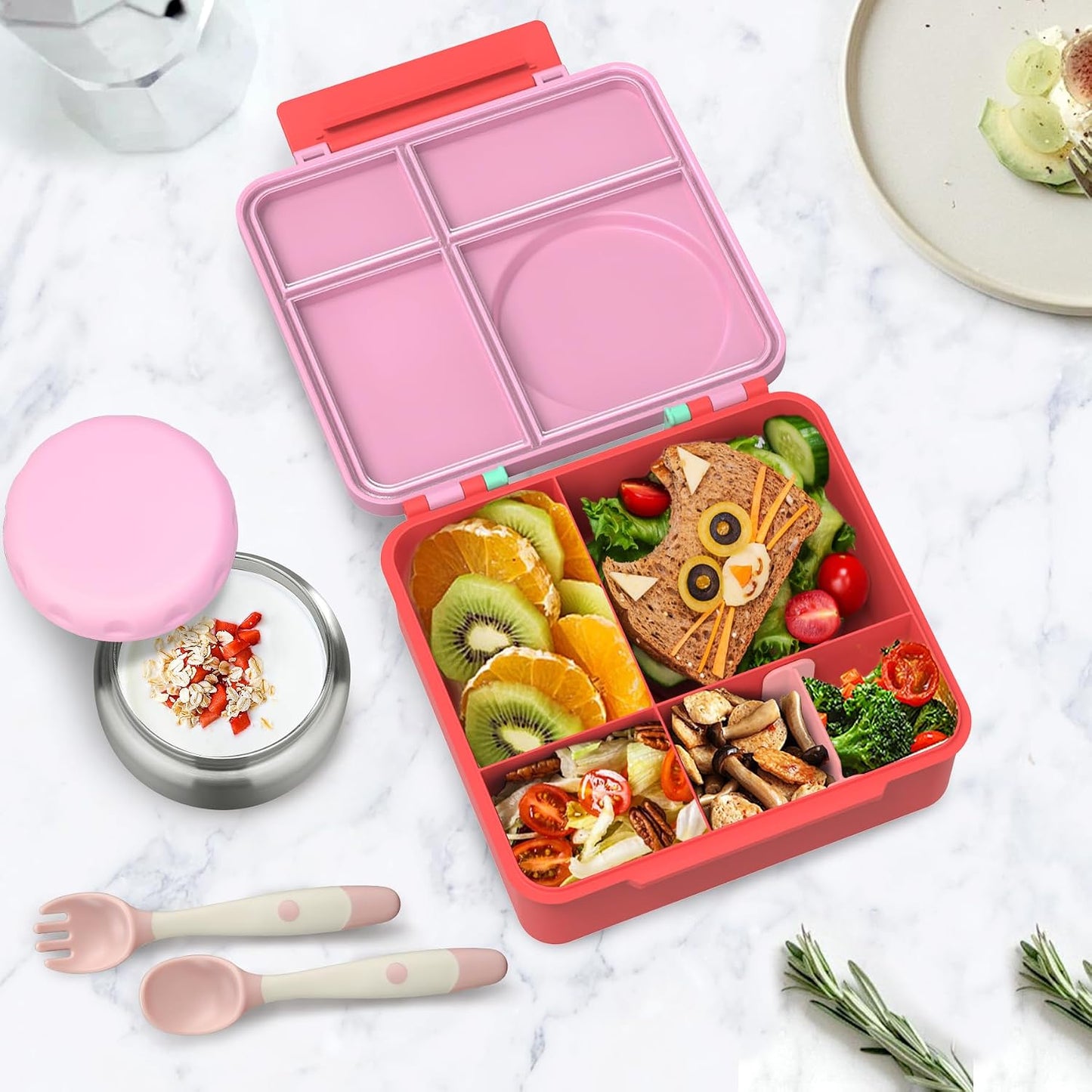 Bento Lunch Box Set for Kids with 8oz Soup Thermo, Leak-Proof Lunch Containers with 4 Compartment, Thermo Hot Insulated Food Jar and Foldable Fork Spoon, for Kids to School (pale pink)