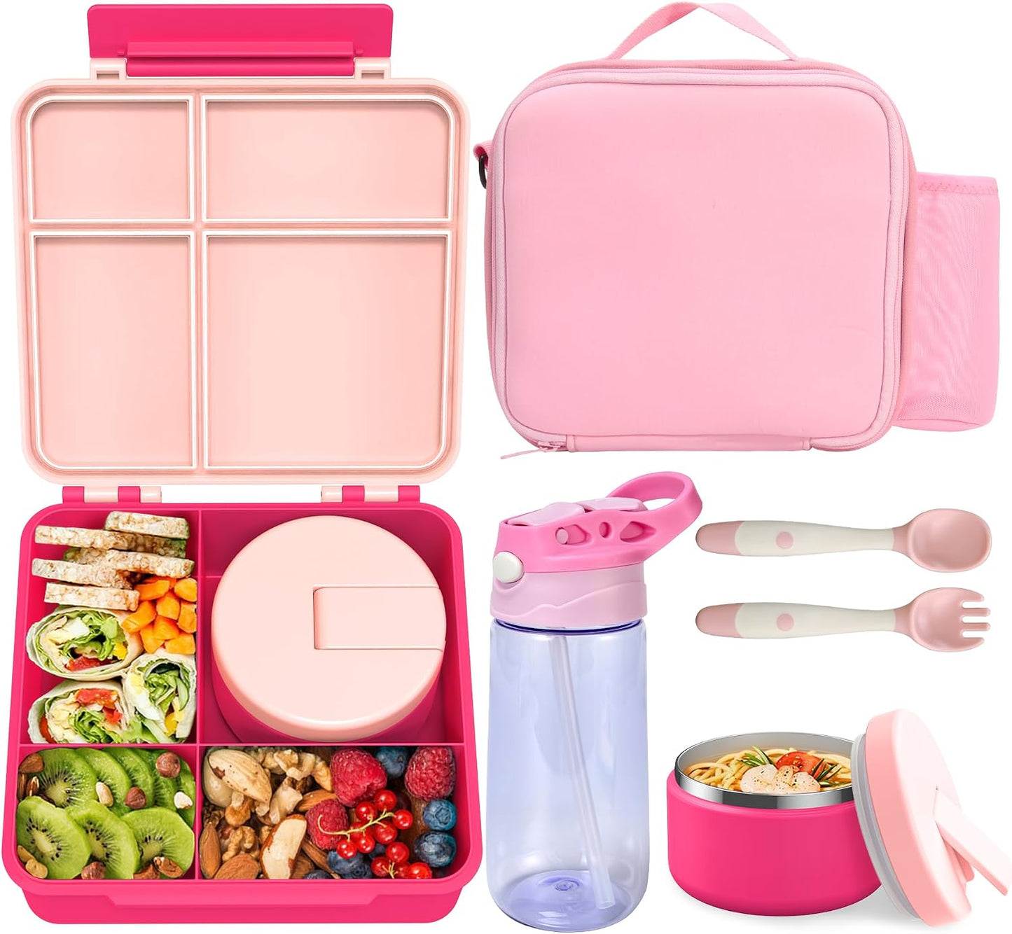Kids Bento Lunch Box with 8oz Soup Thermo, Water Bottle, Kids Leakproof Lunch Food Containers with 4 Compartment, Insulated Hot Food Jar with Lunch Bag for School, Trvael (Black)