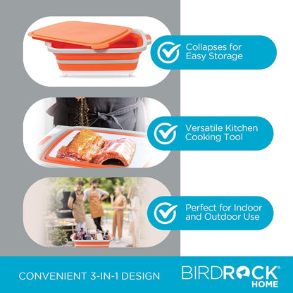 BIRDROCK HOME Collapsible Large BBQ Prep Tub w/Cutting Board, Multi-Function Grill Caddy w/Colander & Lid, Portable Silicone Dish Bowl for Picnic, Tailgate, Camping - Black