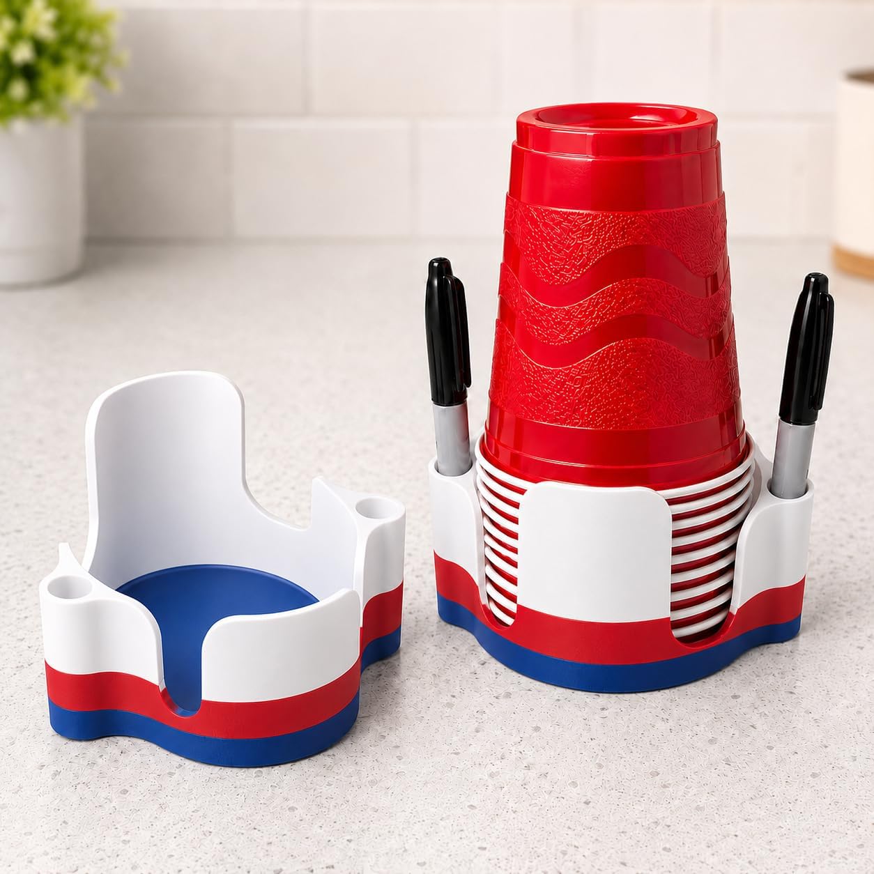 Party Cup Dispenser with Marker Holder – Stackable Plastic Cup Organizer for Parties, Events, BBQs, Picnics, Graduations & Drink Stations, Cup and Marker Caddy, Black (Red)