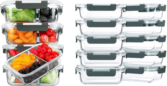 M MCIRCO [10-Pack,22 Oz Glass Meal Prep Containers, [5-Pack, 36 oz] Glass Meal Prep Containers 3 Compartment with Lids