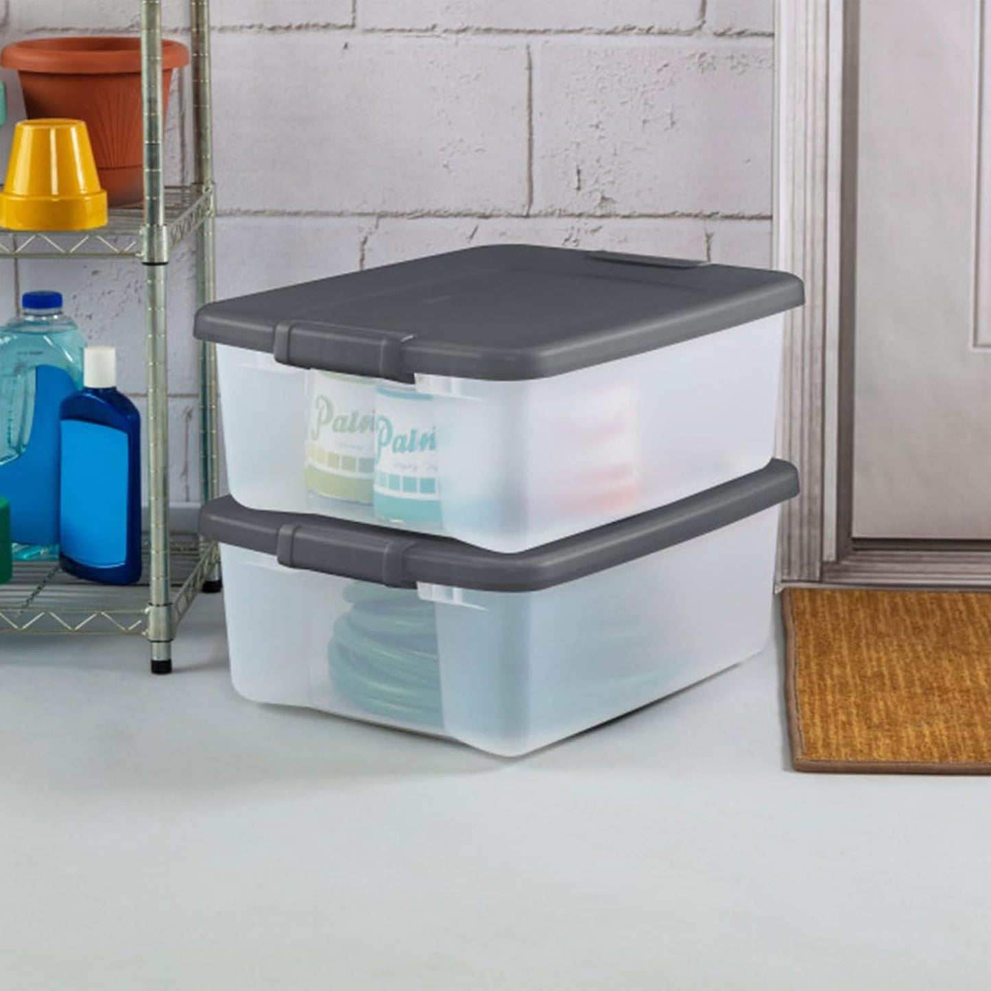 Sterilite 18-Pack Plastic Storage Bins w/ Lids, Shelf Totes Clear Containers, 25 Qt, Gray