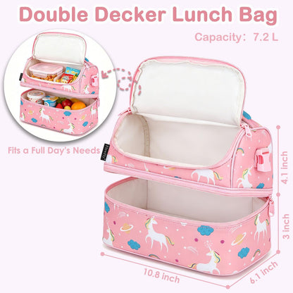 FlowFly Kids Double Decker Cooler Insulated Lunch Bag Large Tote for Boys, Girls, Men, Women, With Adjustable Strap, Unicorn