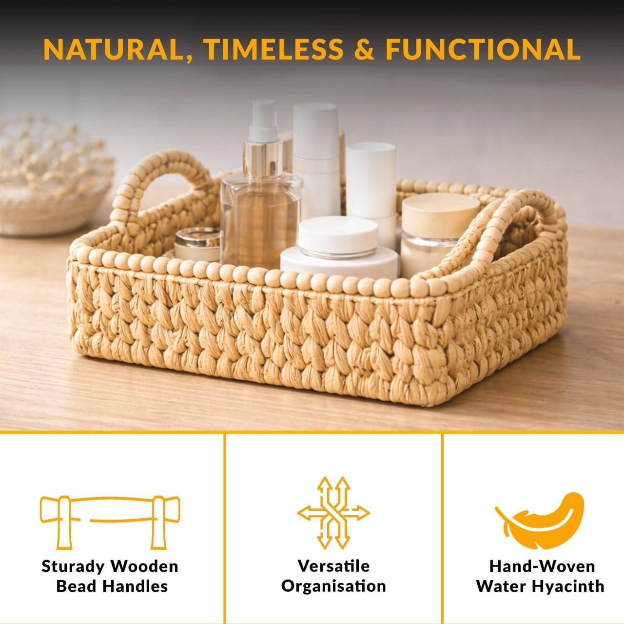 Set of 3 Beaded Hand-Woven Water Hyacinth Storage Baskets – Rectangular Wicker Baskets for Organizing Shelves, Pantry & Home Decor – Eco-Friendly Basket Storage with Sturdy Handles