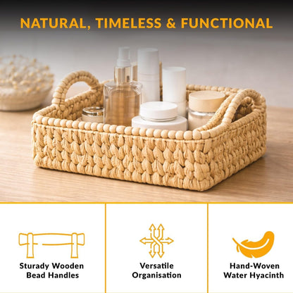 Set of 3 Beaded Hand-Woven Water Hyacinth Storage Baskets – Rectangular Wicker Baskets for Organizing Shelves, Pantry & Home Decor – Eco-Friendly Basket Storage with Sturdy Handles