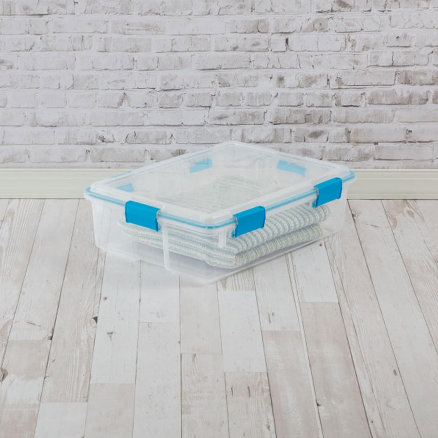 Sterilite 80 Qt Gasket Box, Stackable Storage Bin with Latching Lid and Tight Seal, Plastic Container to Organize Basement, Clear Base and Lid, 1-Pack