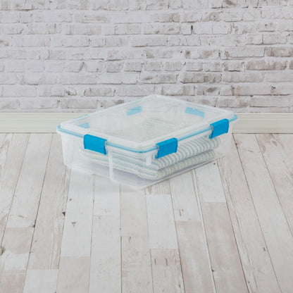 Sterilite 80 Qt Gasket Box, Stackable Storage Bin with Latching Lid and Tight Seal, Plastic Container to Organize Basement, Clear Base and Lid, 1-Pack