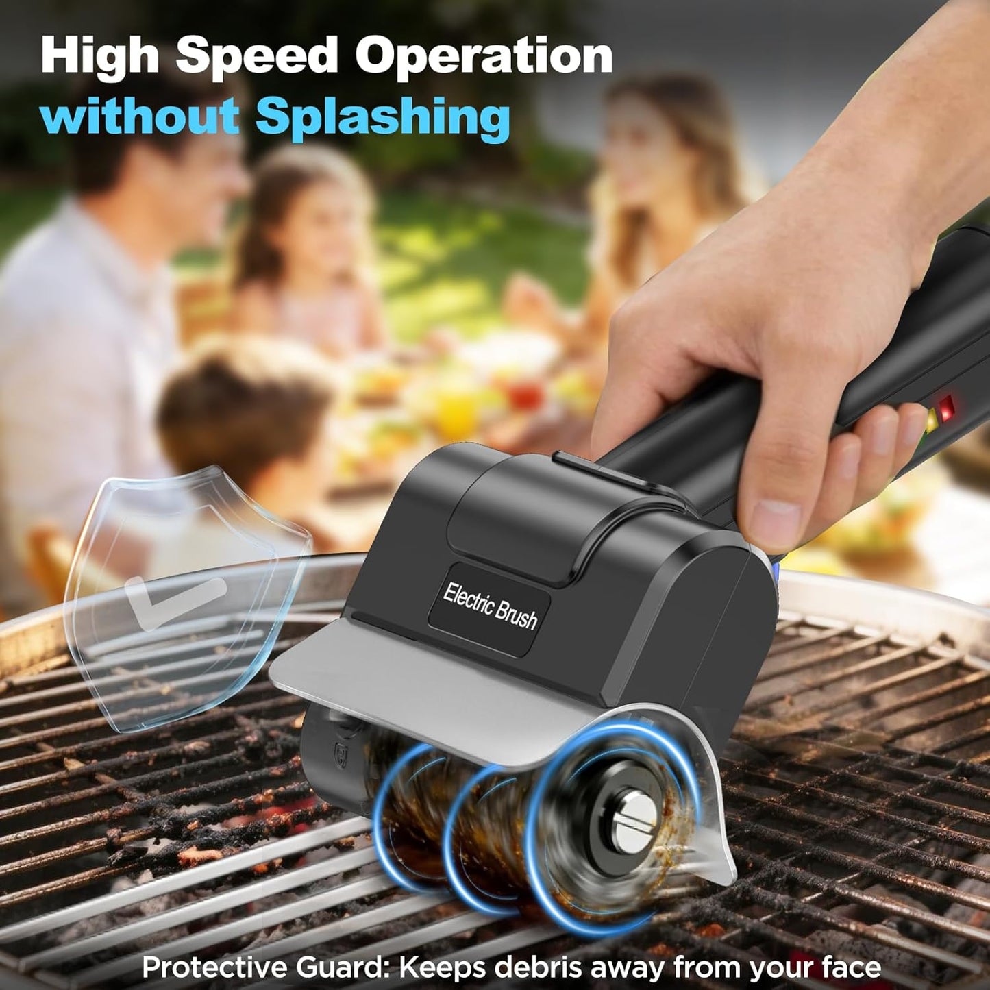 Electric Grill Brush with Dual Safety Lock - Ideal Gift for Men Dad Husband, Professional BBQ Cleaner with Submersible 304 SS Head, Splash-Proof Scrubber for Outdoor Grill (Blue Button)