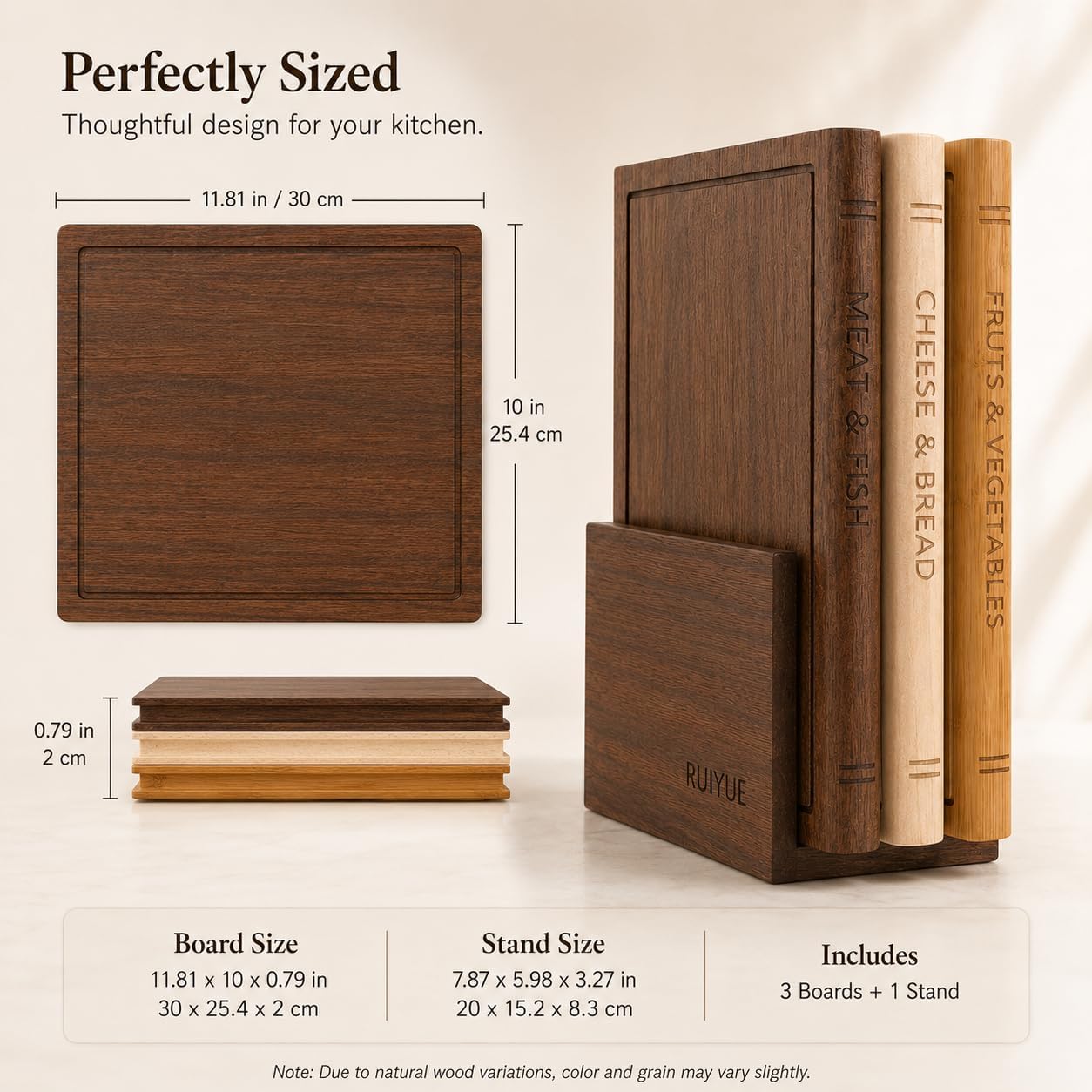 Book Shaped Cutting Board Set with Walnut Stand, 3 PCS Wooden Cutting Boards (13"x10"), Maple Sapele & Bamboo Charcuterie Serving Boards, Decorative Kitchen Decor Gift for Housewarming (1Set)