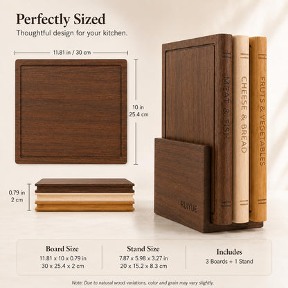 Book Shaped Cutting Board Set with Walnut Stand, 3 PCS Wooden Cutting Boards (13"x10"), Maple Sapele & Bamboo Charcuterie Serving Boards, Decorative Kitchen Decor Gift for Housewarming (1Set)