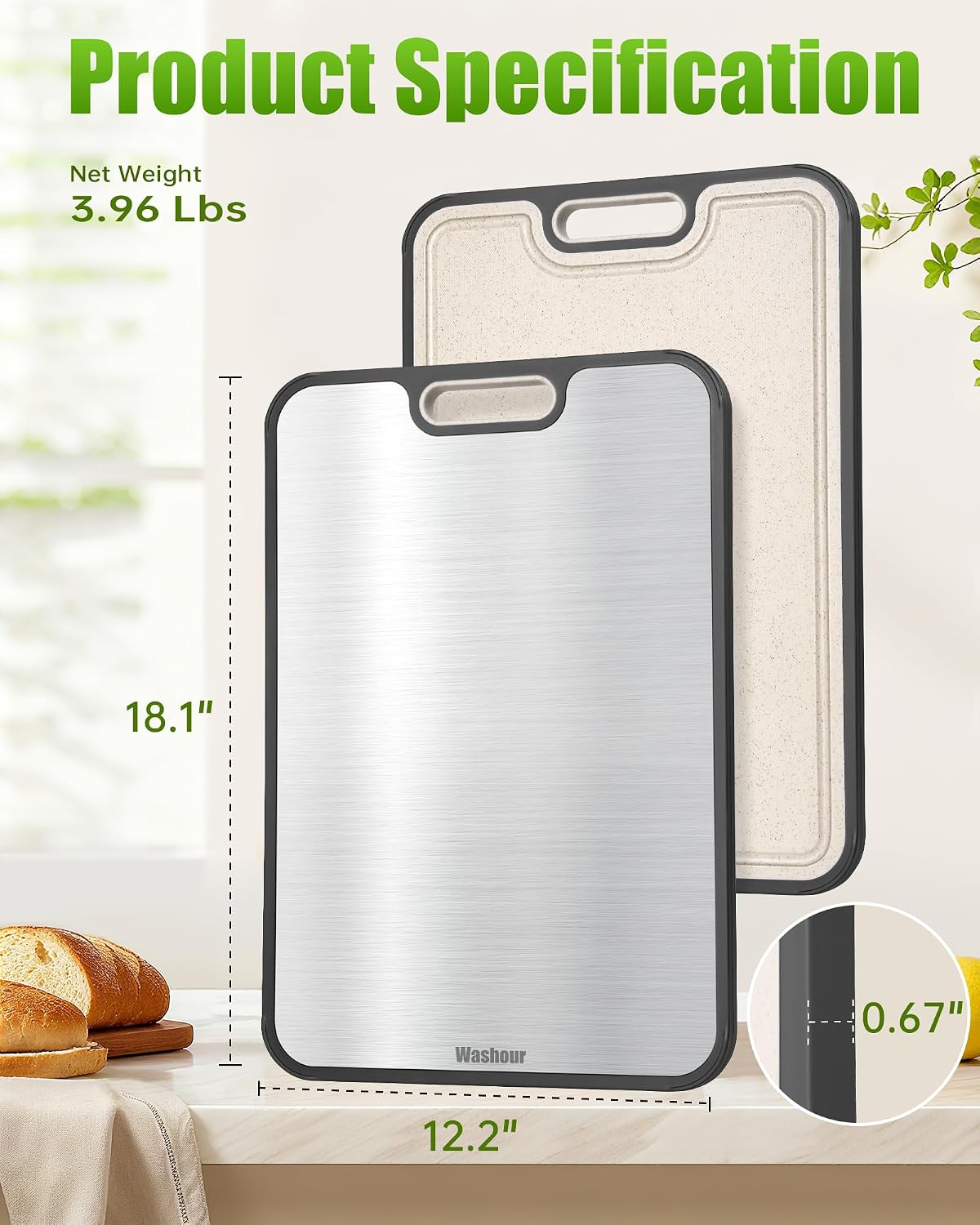 Titanium Cutting Boards for Kitchen, Non Toxic 2-in-1 Cutting Board Double Sided, Food Grade Chopping Boards for Fresh Meat Vegetable, Easy to Clean Large Size 16”×11”