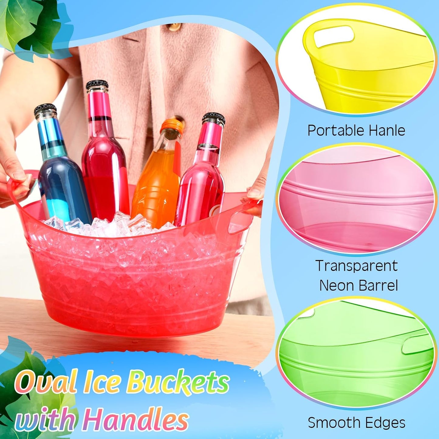 meekoo 6 Pcs Plastic Ice Buckets Bulk with Handles 4.5L Oval Storage Tub Large Capacity Ice Drink Bucket for Party Bar Wine Beer Champagne Beverage Bottle Cooler (4.5 L,Orange)