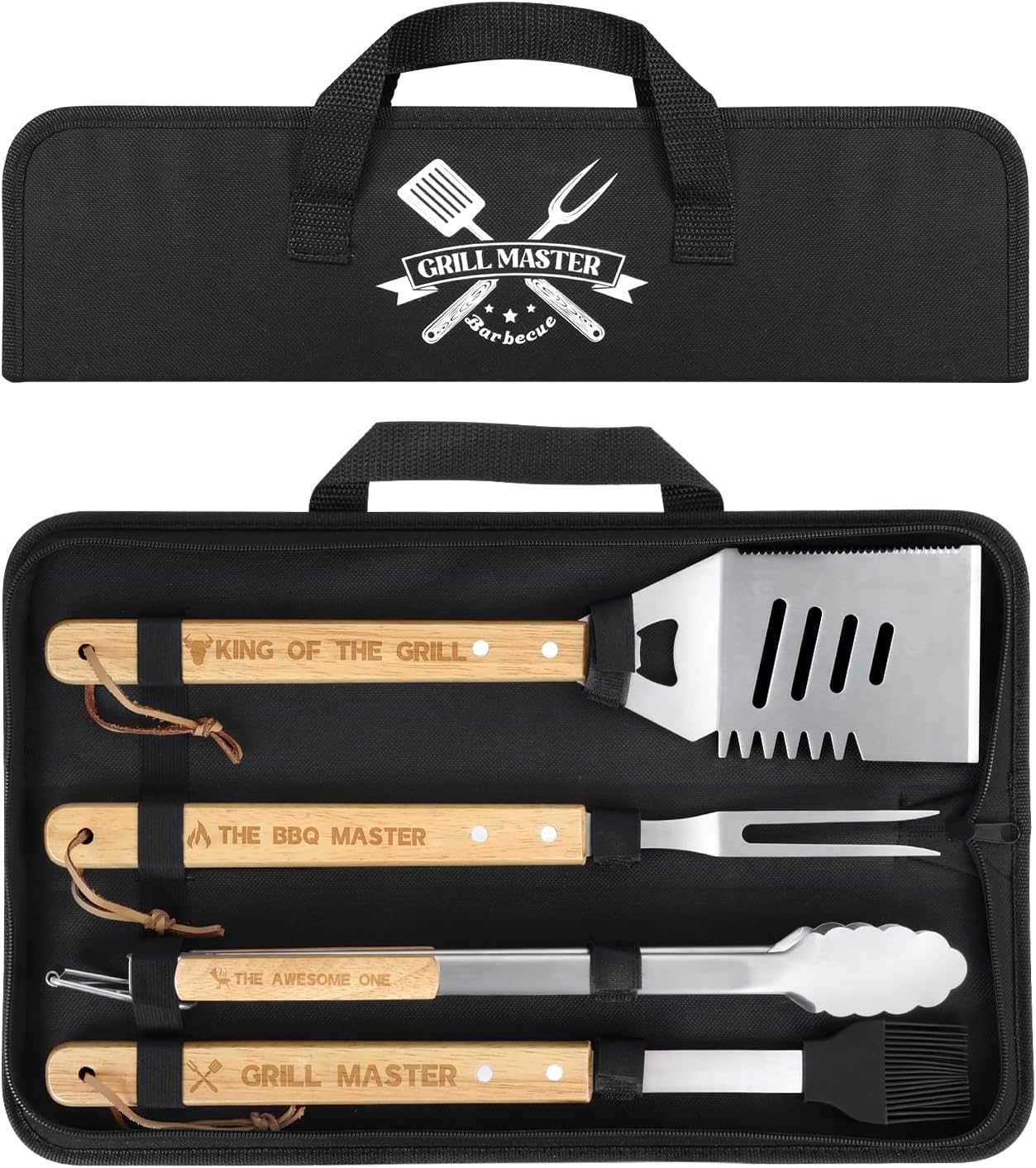 4PCS Grilling Accessories BBQ Tools - Stainless Steel Grill Set with Tongs, Fork, Spatula, Brush, Carrying Bag, Birthday for Men, Father, Husband