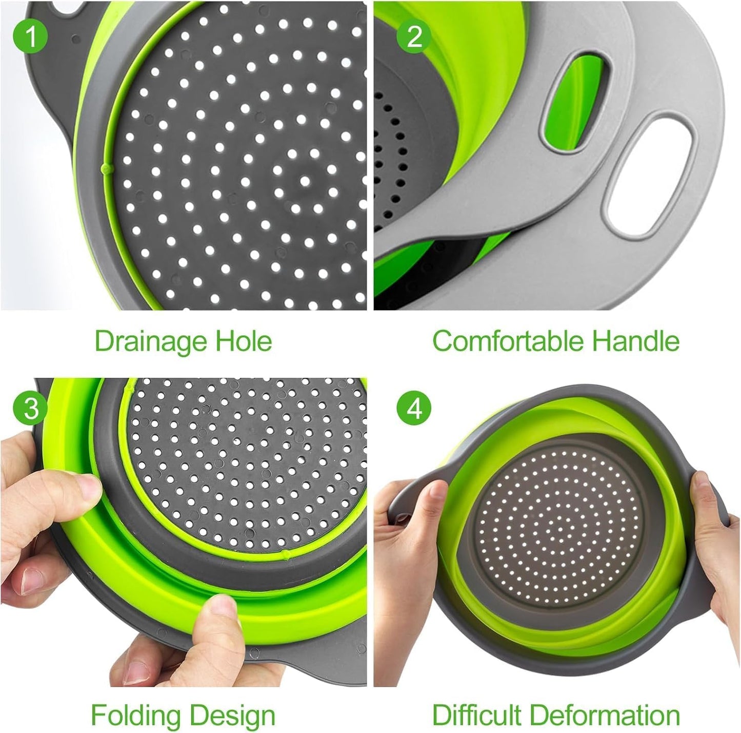 Collapsible Colander Set of 3 Square Silicone Kitchen Strainer Set 1 pcs 9.6 Quart, 1 pcs 6 Quart,1 pcs 4 Quart Perfect for Draining Pasta, Vegetable and fruit for Kitchen and Travel Use
