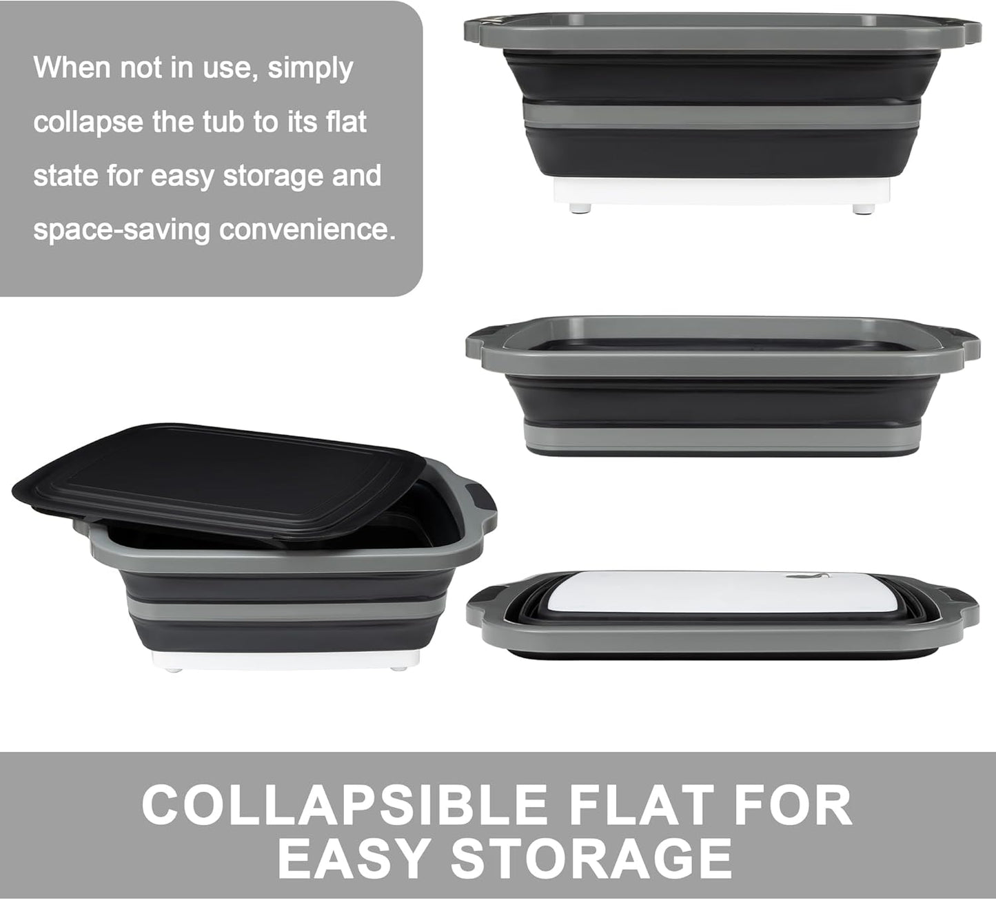 Collapsible Cutting Board with Container, Foldable Camping Sink with Colander, BBQ Prep Tub with Lid, Multifunction Dish Basin for Kitchen, Bowl, Vegetable and Fruit, 2.11 Gal/8L Storage Basket