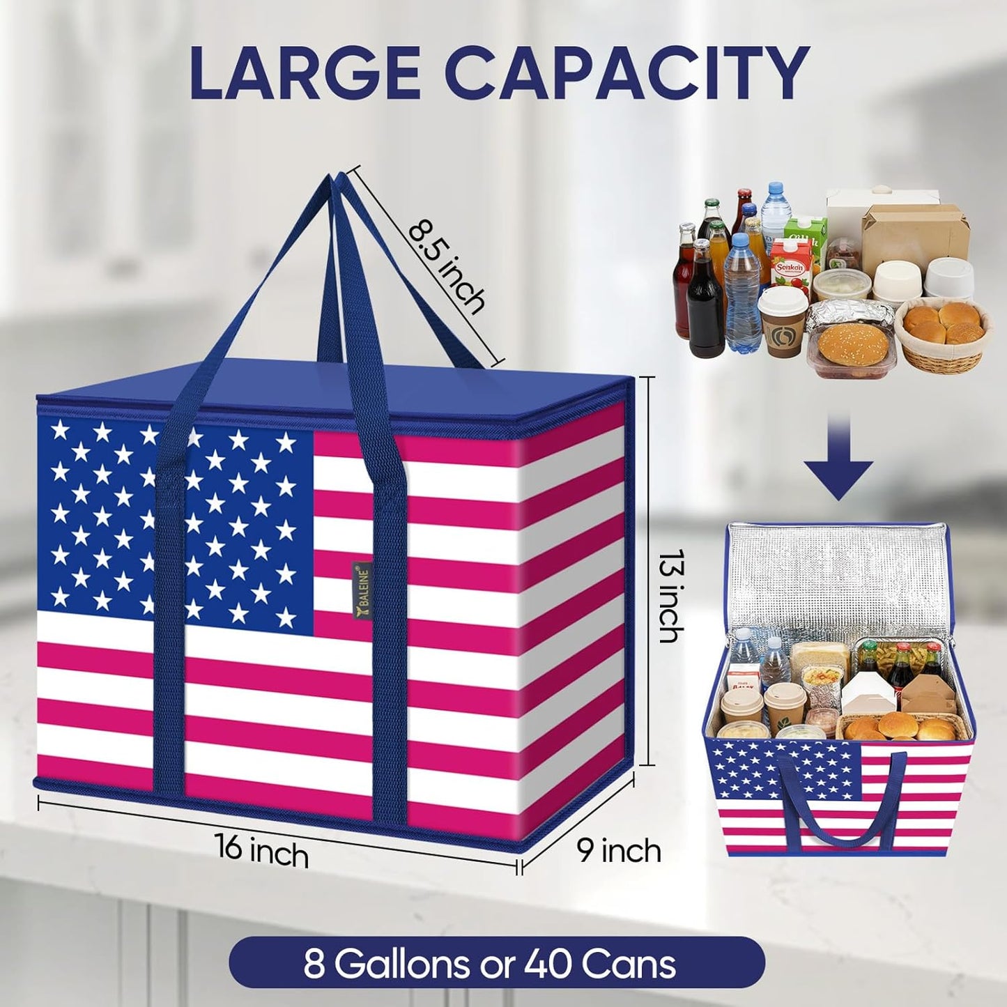 BALEINE 2Pk Insulated Reusable Grocery Bags, Collapsible Cooler Bag for Groceries, Heavy Duty Large Insulated Bag (16''x9''x13'', Antique Foliage)