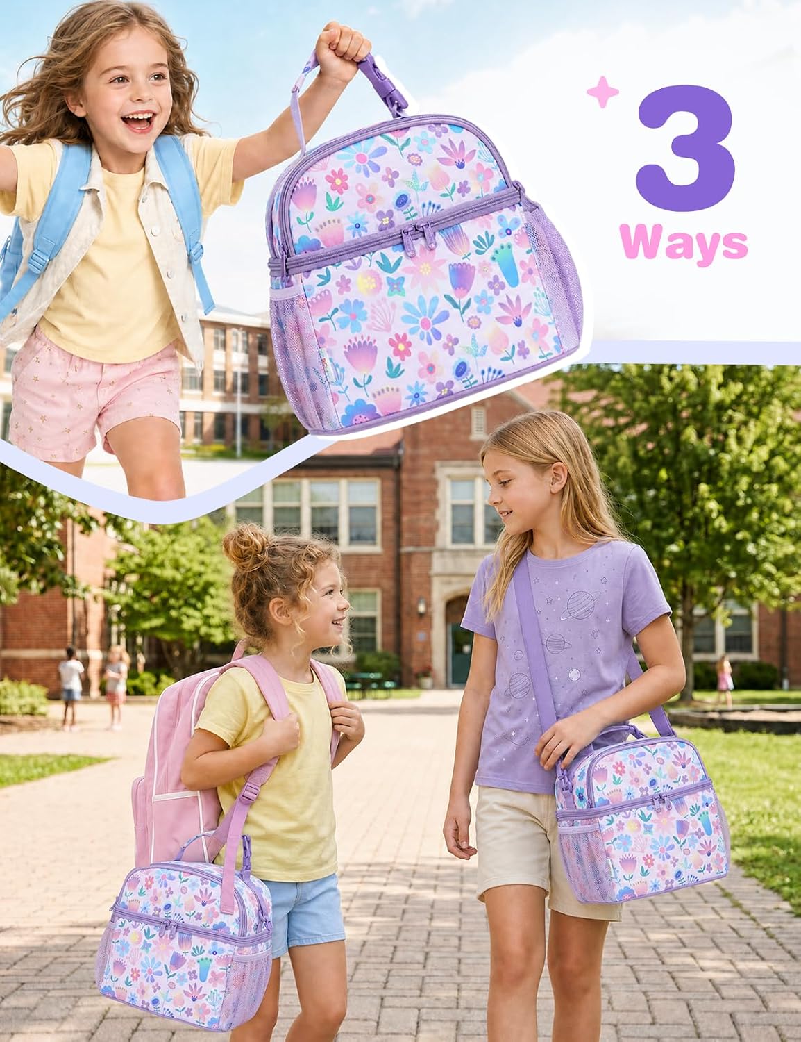 VASCHY Lunch Box Bag for Kids, Insulated Double Compartments Cooler Lunch Tote for Toddlers Boys Girls School/Daycare/Picnic Black Dinos