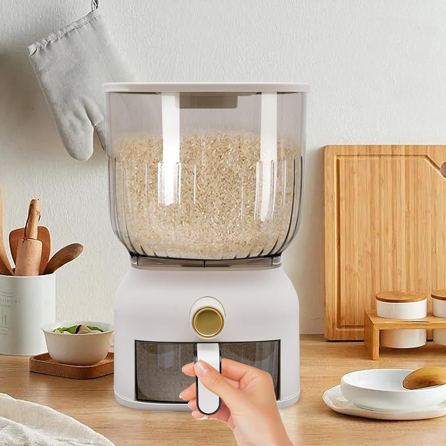22lbs Square Rice Dispenser Large Sealed Grain Storage Container with Rice Cup Food Dispenser Food Dispenser Bucket Kitchen Organizer for Rice, Beans, Grains, Cereal Dry Food