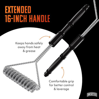 Brushtech Double Helix Grill Brush, 16″ Flat BBQ Grill Cleaner - Bristle‑Free Coil Springs Clean Tops & Sides - Stainless Steel, Long Reach Handle, Heavy‑Duty BBQ Tool for Gas & Charcoal Grates