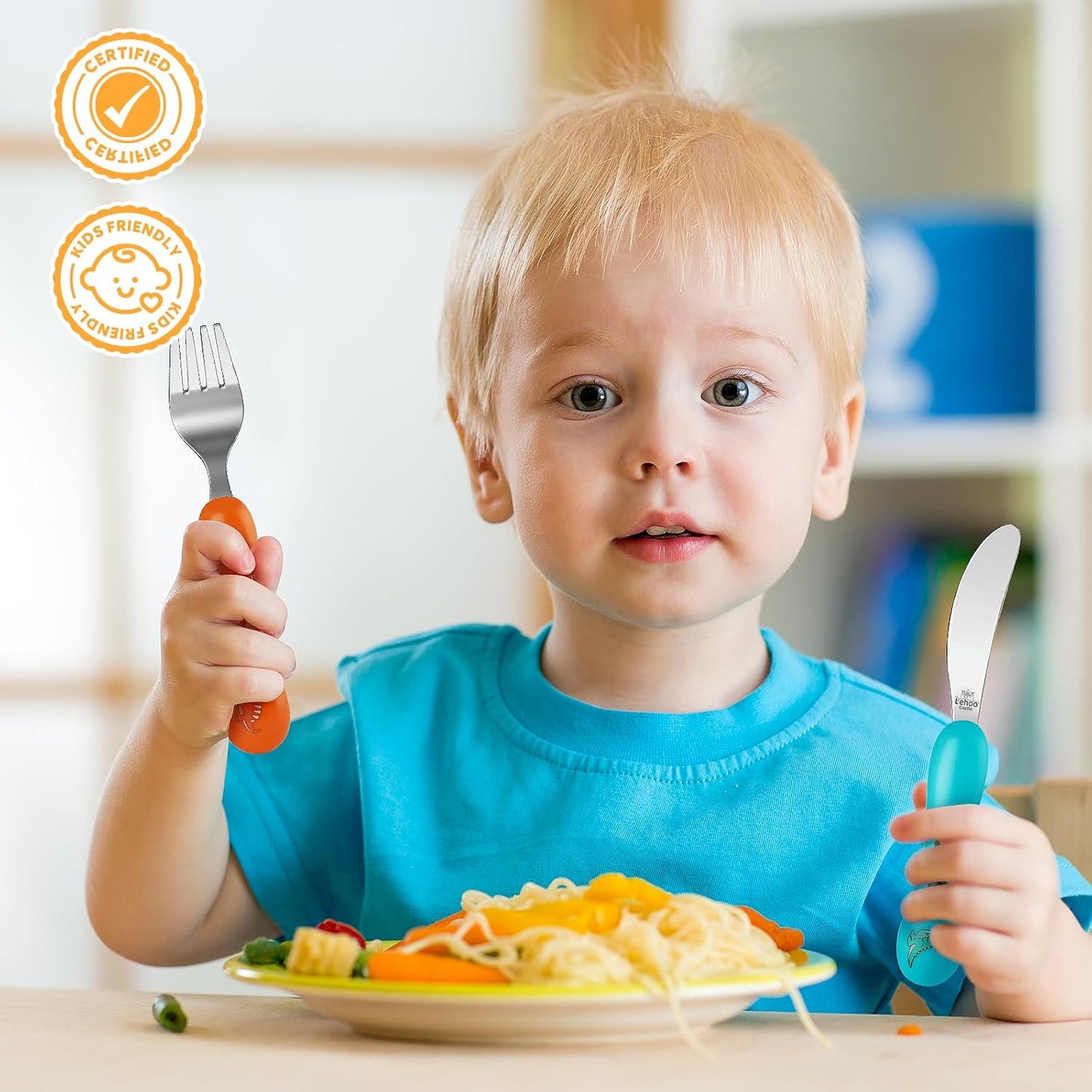 Lehoo Castle 6 Pieces Toddler Utensils, Kids Silverware for 2 3 4 Years Old, Stainless Steel Fork and Spoon Set with Plastic Handle, Safe Toddler Cutlery (Dinosaur)