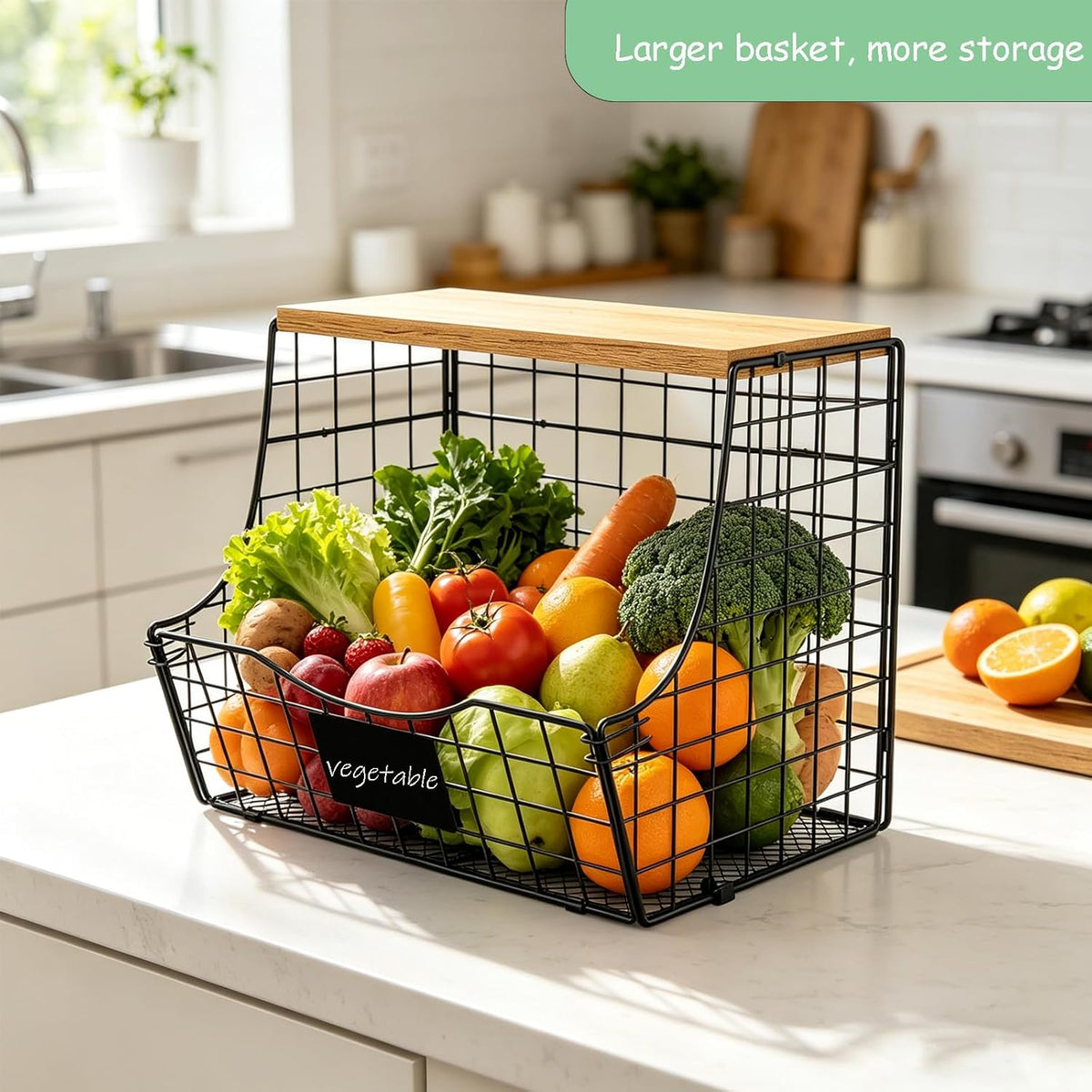 3 Pack Extra Large Fruit Basket for Kitchen with Wood Lid Nameplate - Counter&Wall Mounted Onion and Potato Storage Bin, Stackable Metal Hanging Wire Baskets,15.74 * 8.66 * 10.63 inch