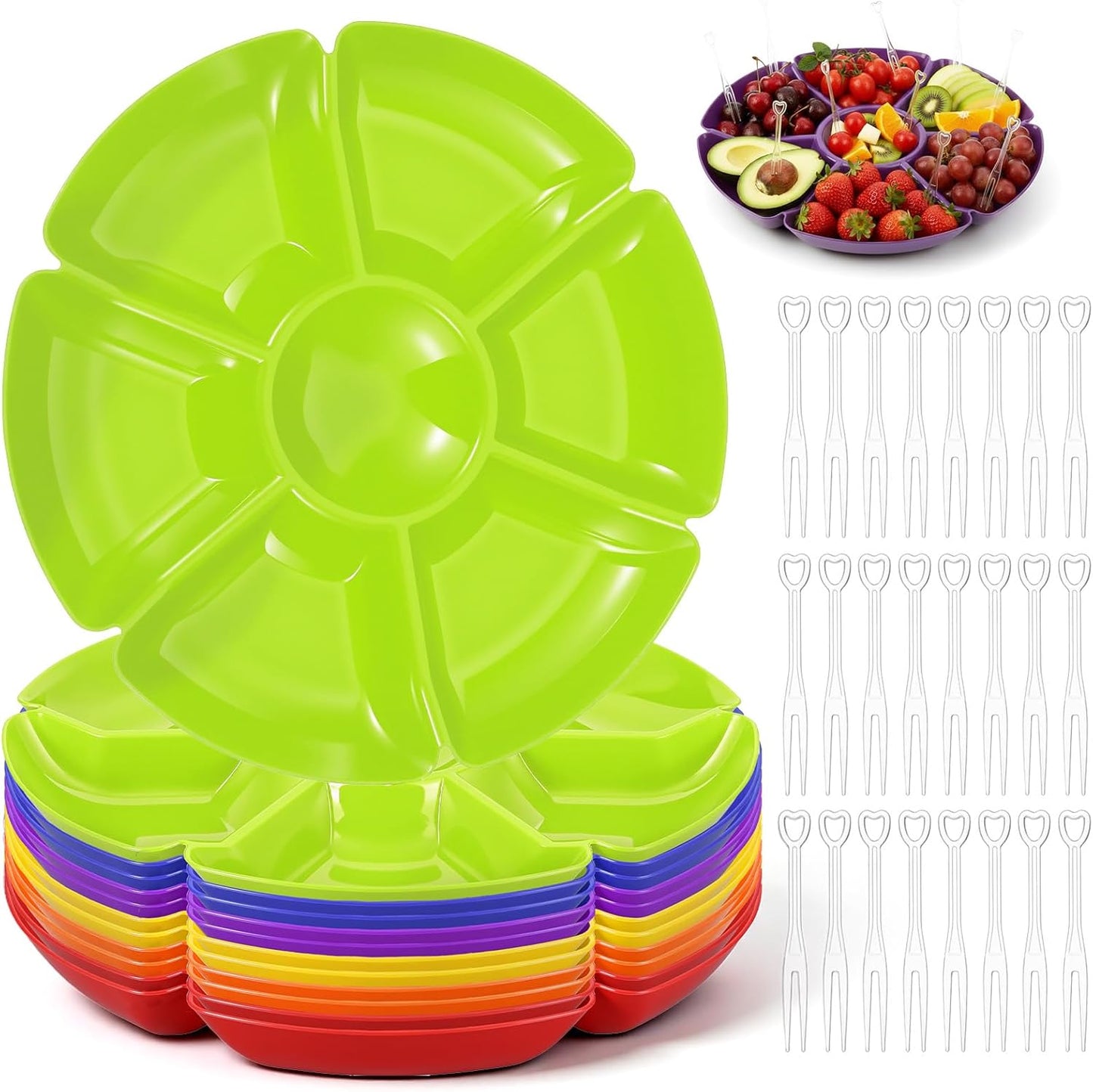 12 Pcs Plastic Divided Serving Trays with 100 Pcs Disposable Fork, 7 Compartments Round Chip Dip Plate, Petal Shape Platter, 10.63'' Snacks Serving Dish for Party Candy Nuts Fruits (Classic Color)
