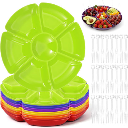 12 Pcs Plastic Divided Serving Trays with 100 Pcs Disposable Fork, 7 Compartments Round Chip Dip Plate, Petal Shape Platter, 10.63'' Snacks Serving Dish for Party Candy Nuts Fruits (Classic Color)