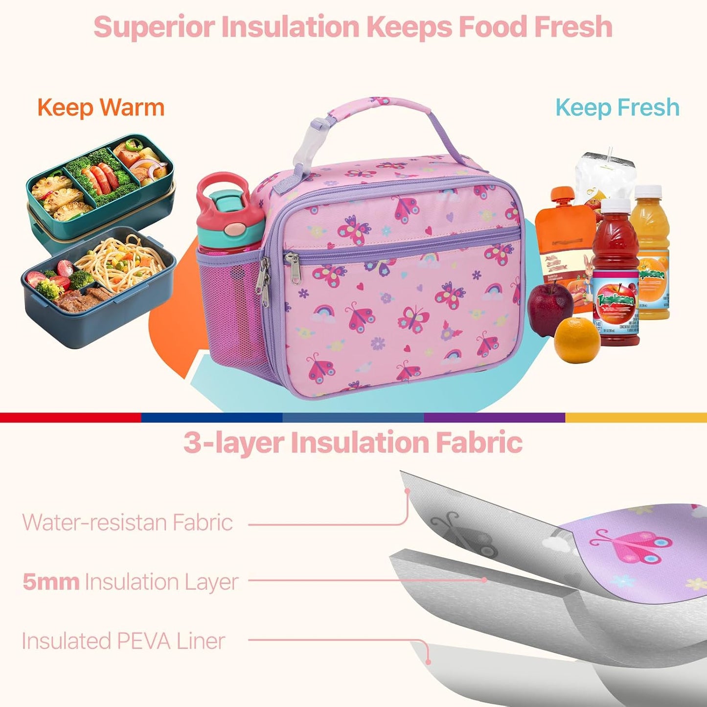 Bagseri Kids Lunch Bag Boys - Thermal Insulated Lunch Box Tote with Water Bottle Holder, Reusable Leak-Proof Kids Lunch Box for Daycare & School, Black Dinosaur (Containers Not Included)