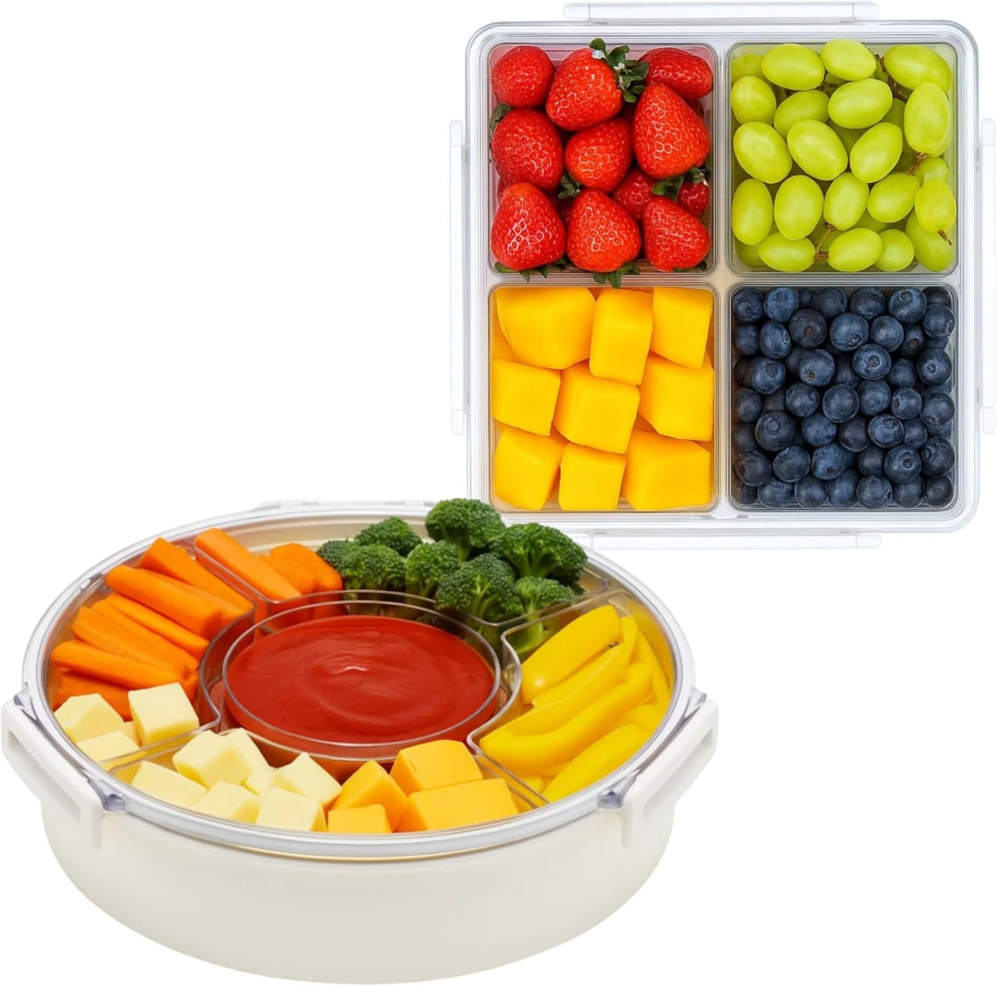 Lustroware Gourmet Palette Airtight 5-Compartment Round Serving Tray with Lid – Portable Snackle Platter & Charcuterie Organizer Box with Removable Dividers for Fruit, Vegetables, Snacks, Appetizers