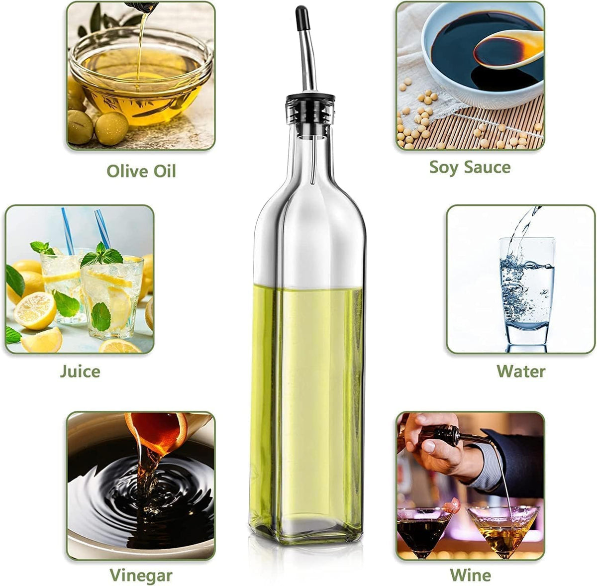 Leaflai Olive Oil Dispenser Bottle, Glass Olive Oil Dispenser and Vinegar Dispenser Set with Stainless Steel Pourers, 4 Labels,1 Brush and 1 Funnel Oil Bottles for Kitchen (500ml)