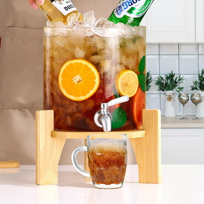 Glass Beverage Dispenser with Stand, 1.5 Gallons Glass Drink Dispenser-Beverage Dispenser with Wood Stand, Stainless Steel Spigot for Parties,Bars,Restaurants