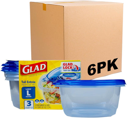 Glad GladWare Tall Entree Food Storage Containers with Lids, Large Square BPA Free Plastic for Meal Prep and Lunches, Lock Tight Seal, Microwave and Dishwasher Safe, 42 Oz, 3 Count