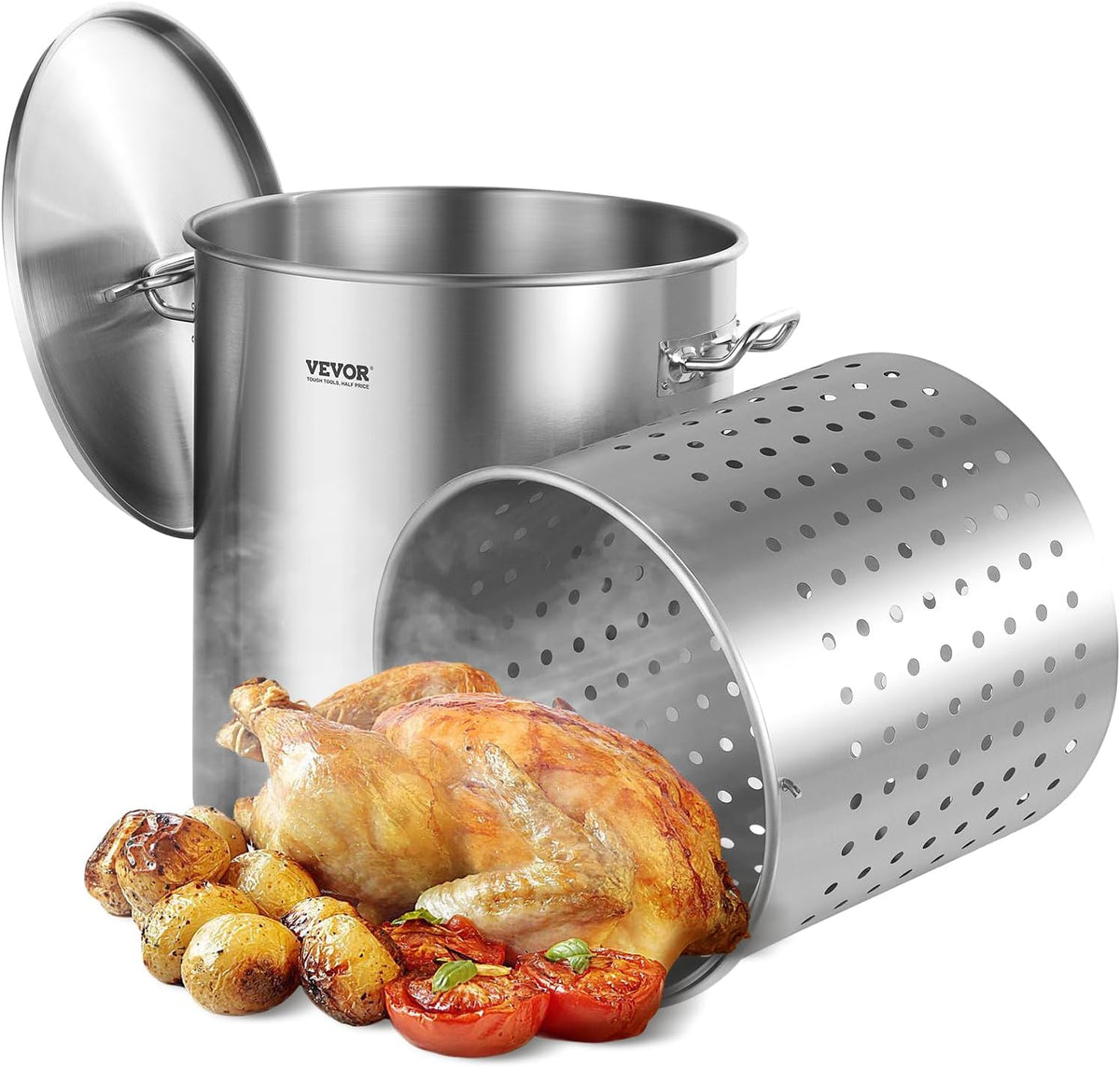 VEVOR Stainless Steel Stockpot, 42 Quart Large Cooking Pots, Cookware Sauce Pot with Strainer, Lid, and Handle, Heavy Duty Commercial Grade Stock Pot, Sanding Treatment, for Large Groups Events Silver