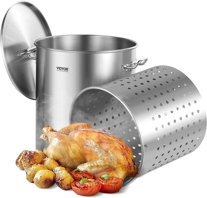 VEVOR Stainless Steel Stockpot, 42 Quart Large Cooking Pots, Cookware Sauce Pot with Strainer, Lid, and Handle, Heavy Duty Commercial Grade Stock Pot, Sanding Treatment, for Large Groups Events Silver