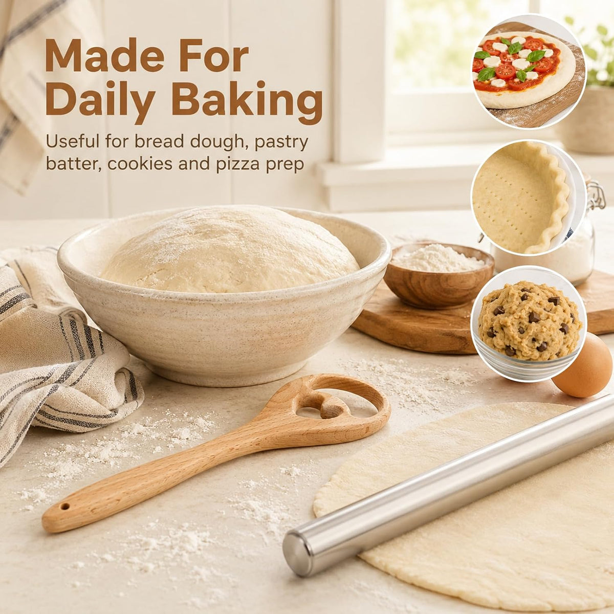 13 Inch Danish Dough Whisk, Wooden Dough Mixer for Sourdough Bread, Batter & Pizza Dough, Kitchen Hand Mixing Tool, Includes Stainless Steel Rolling Pin (Heart Style)