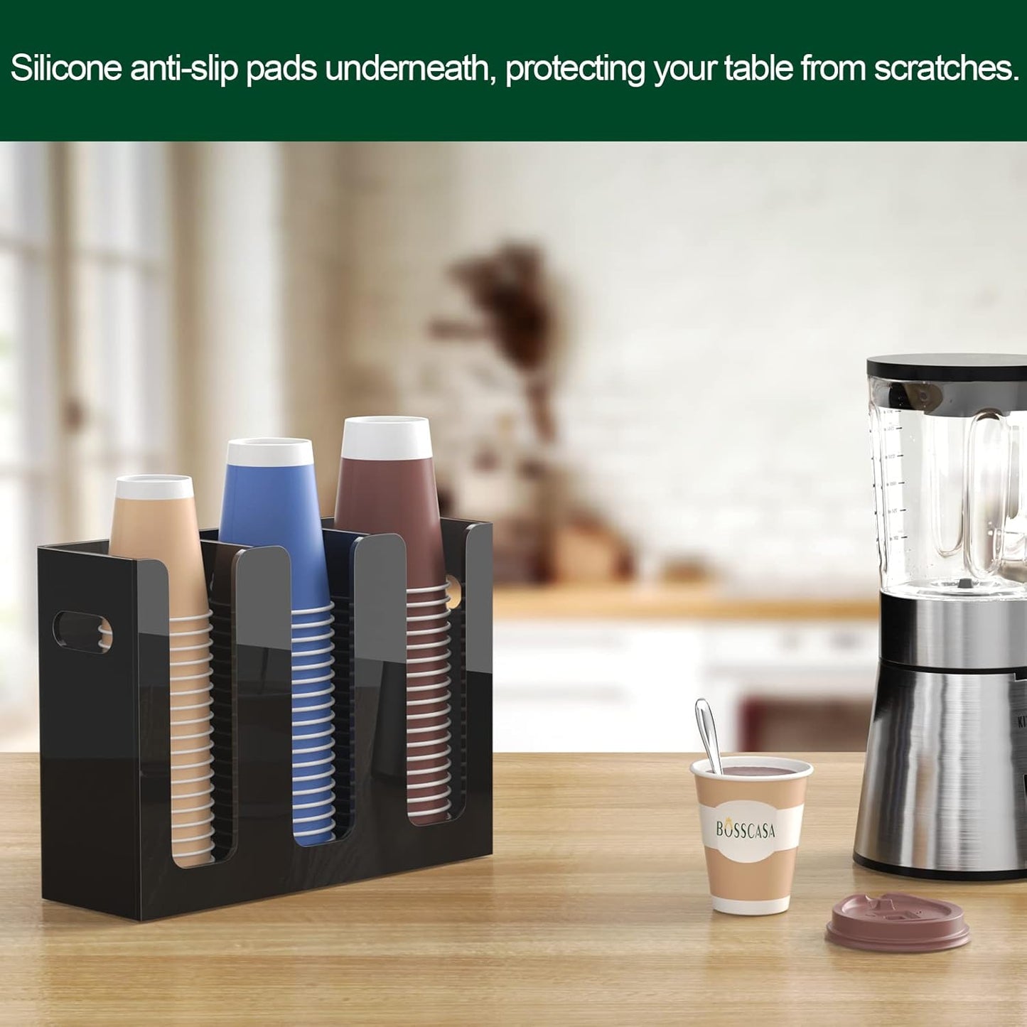 Disposable Coffee Cup Dispenser with Handles, Countertop or Wall Mount Hot/Cold Drink Cup and Lid Holder - Bathroom/Kitchen/Office Acrylic Cup Lid Storage Organizer (1 Compartment, Clear)