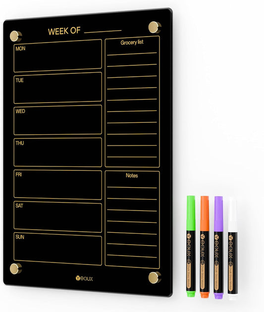 Clear Glass Weekly Dry Erase Calendar & Menu Non-Magnetic Whiteboard for Wall, Meal Plan & Grocery List White Board for Kitchen, 15x11, 7 Days Home Planner, 4 Wet Erase Markers Included, Yeoux