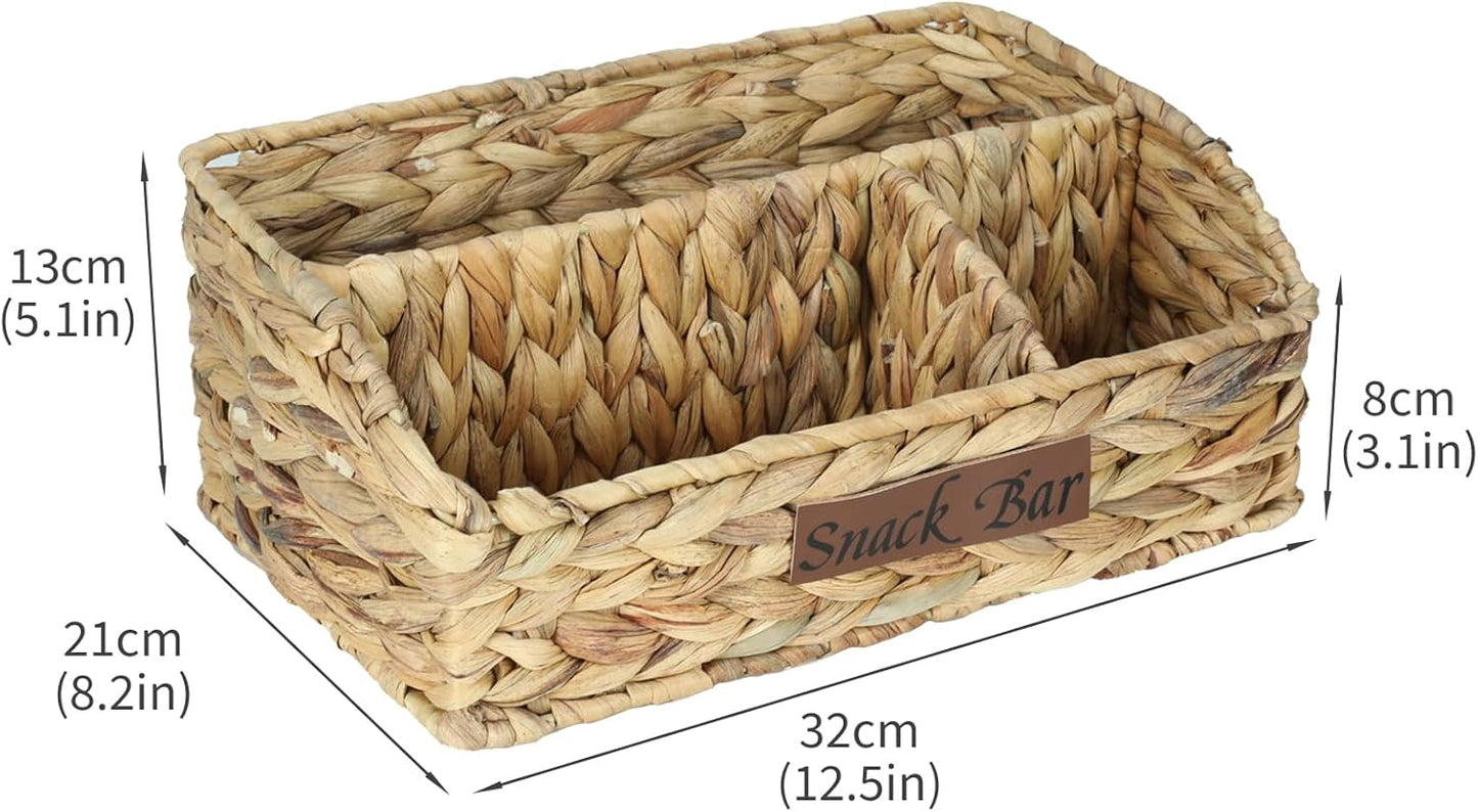 Snack Organizer for Countertop, Trapezoid Snack Basket Water Hyacinth Pantry Basket, Wicker Baskets for Organizing, 3 Compartments Snack Bin for Snack Bar Organizer, Cabinet Kitchen Storage
