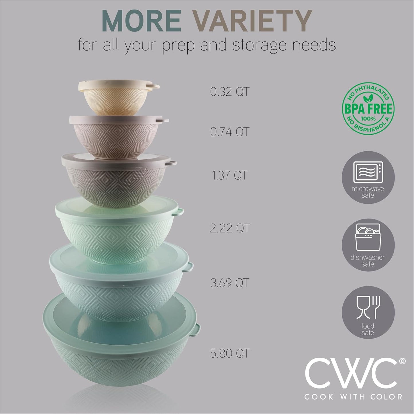 COOK WITH COLOR Mixing Bowls with Lids - 12 Piece Plastic Nesting Bowls Set includes 6 Prep Bowls and 6 Lids, Microwave Safe Mixing Bowl Set, Pink Embossed - Colors A