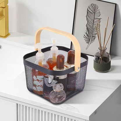 AJIODA Metal Mesh Wire Basket, Large Steel Basket with Wooden Handle Storage Organizer Basket Multi-functional Hanging Kitchen Baskets Fruit Baskets for Kitchen Bathroom Cabinet Pantry Snacks, Black