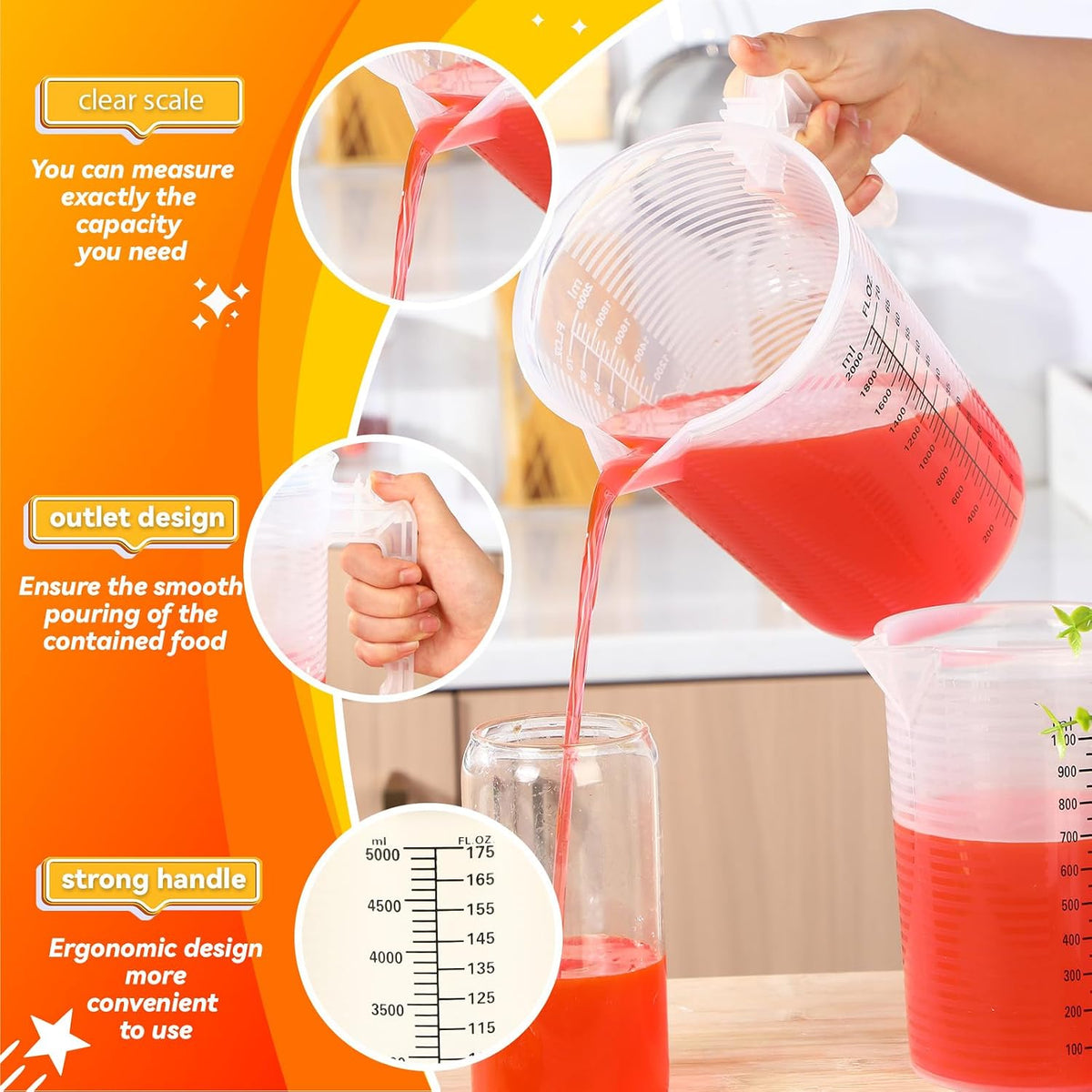 Xuhal 6 Pcs Measuring Pitcher Set, Plastic Cups with Handle and Spout