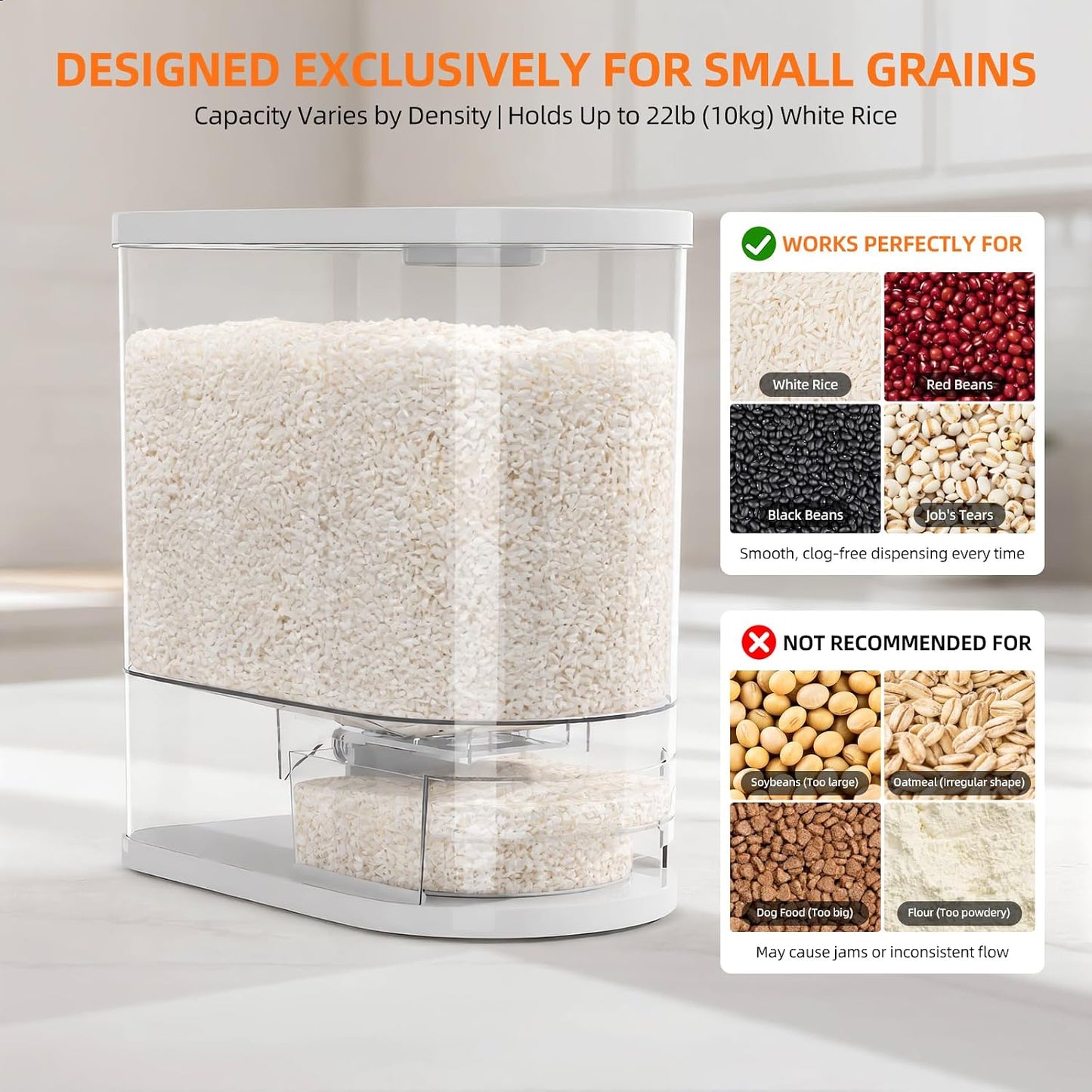 Rice Dispenser 22 Lbs(10kg), Rice Holder Storage Container with Measuring Cup, Clear Cereal Dry Food Grain Dispenser for Kitchen Pantry Household Organization, BPA Free