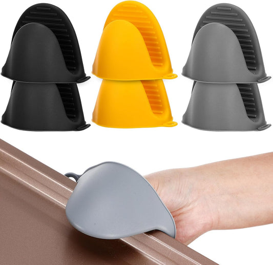 Silicone Oven Mitts Set of 6 Mini Pinch Mitts Hot Pot Holders Heat Resistant Finger Gloves for Microwave and Kitchen Use, Non-Slip Bowl Gripper Covers in Yellow, Black, and Nordic