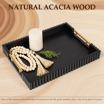 Acacia Wood Decorative Serving Tray with Handles, 16.7" x 12.8" Large Wooden Ottoman Tray for Living Room, Coffee Table Tray Decor for Food, Dinner, Tea or Breakfast in Bed (Natural)