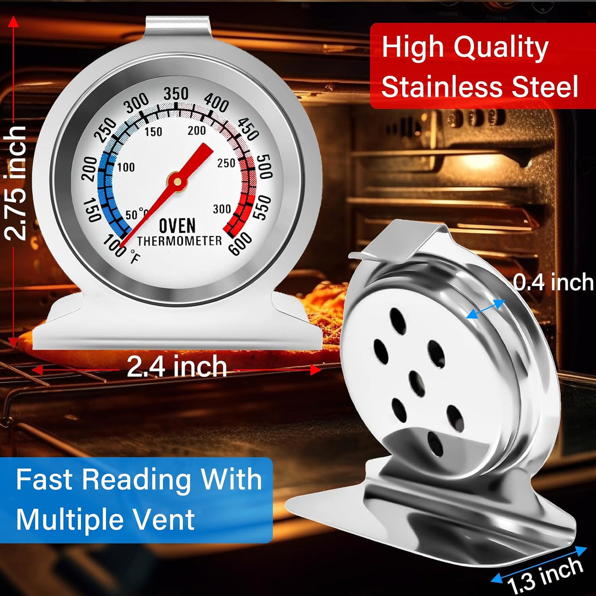 Oven Thermometer 50-300°C/100-600°F Stainless Steel Oven Thermometers with Large Dial, Oven Temperature Gauge for BBQ Cooking Baking Grill Smoker