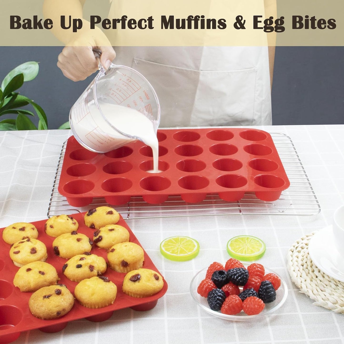 24 Cups Silicone Mini Muffin Pan Set, Nonstick Mini Cupcake Pans, BPA Free Small Muffin Tin for Baking, Set of 2 (Green+Purple)