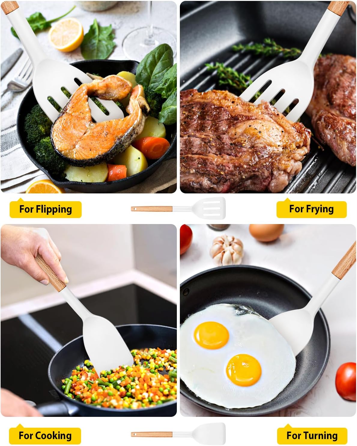 Pack of 2 Silicone Cooking Spatula, Heat Resistant Solid Turner, Non Stick Slotted Spatulas with Wooden Short Handle,Ideal Wood Kitchen Utensils Set for Frying, Baking, Flipping, Turning