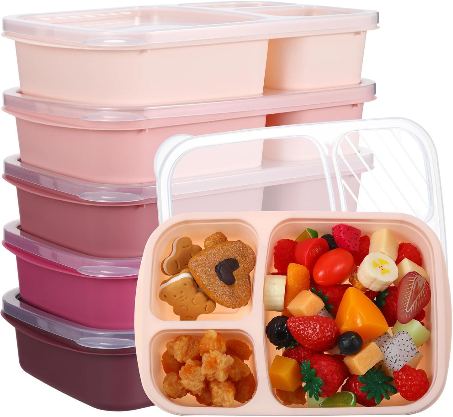 Honeydak 5 Pack Snack Containers 3 Compartment Bento Snack Boxes Divided Meal Prep Containers with Lids Reusable Adults Lunch Food Storage Box for School Work Travel(Elderberry)