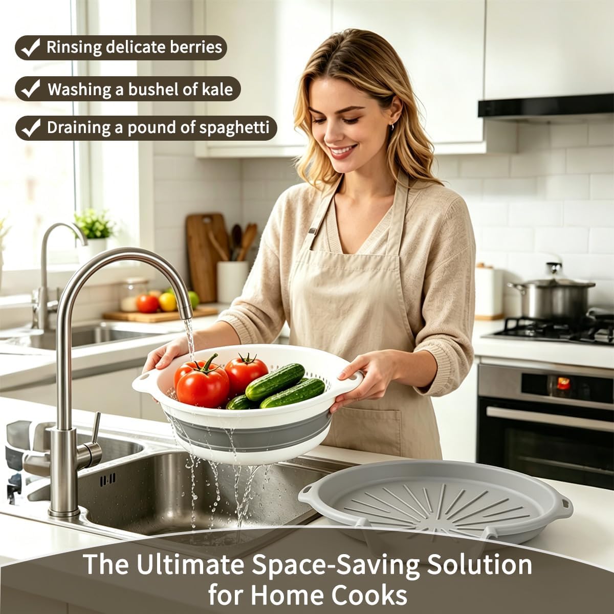 Collapsible Colanders Set of 4 - Food Strainers with Oversized Over Sink Draining Tray, Space Saving Foldable Kitchen Strainer Basket for Washing Vegetables, Fruit, Pasta & Rice, BPA-Free