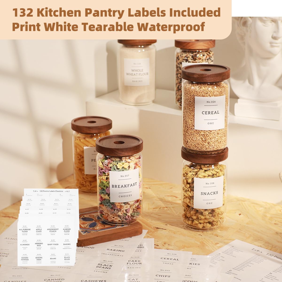2 Pack Large Glass Flour and Sugar Storage Containers with Airtight Acacia Wood Lids and 132 Kitchen Pantey Labels Preprint - 1 Gallon Borosilicate Glass Canister Sets for Food,Pasta,Cookie,Rice